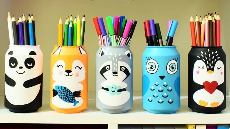 Shelves with colorful animal cans holding supplies