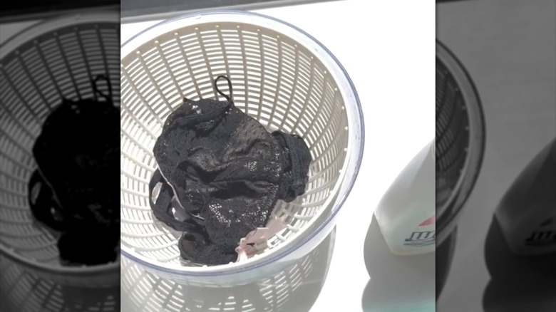 A bra inside a salad spinner.