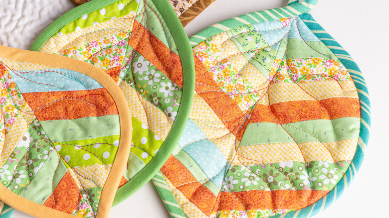 brightly colored, leave shaped pot holders