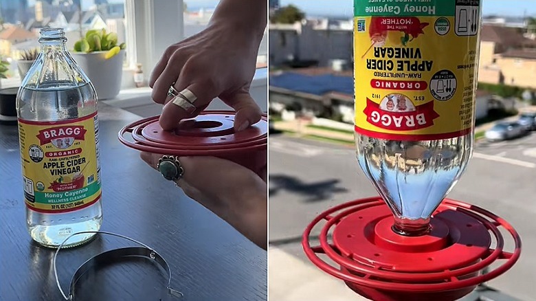 Split image showing how to assemble the hummingbird feeder on the left with the assembled feeder on the rights