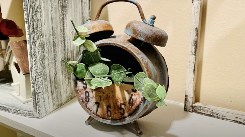 A planter made from an old alarm clock has plants growing out of the middle.