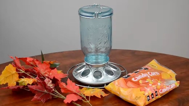 A hanging candy dispenser from glass bird feeder