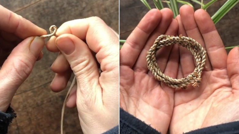 split image showing a twisted leaf strand on the left and the completed rope on the right