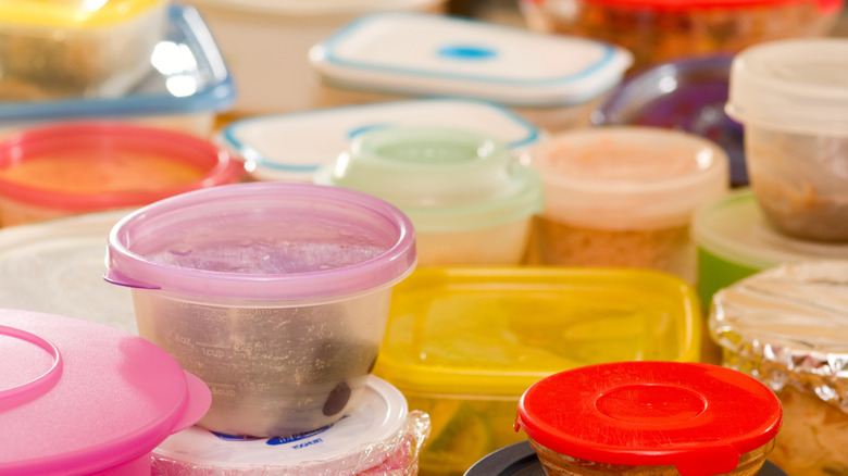 Plastic food containers with leftovers