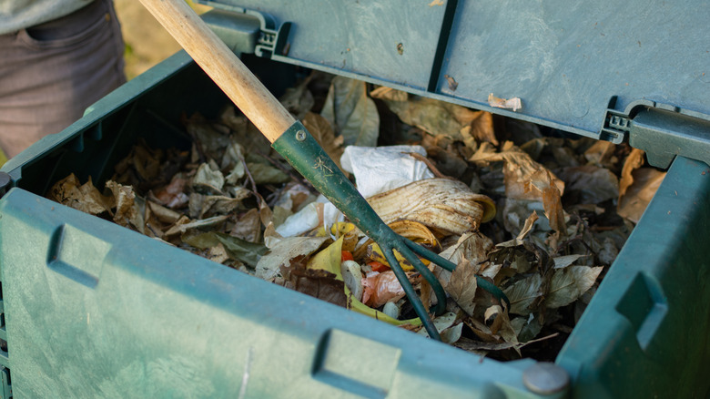 person mixing compost in bin