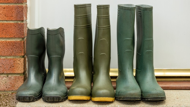 Three pairs of old green rain boots on a front step