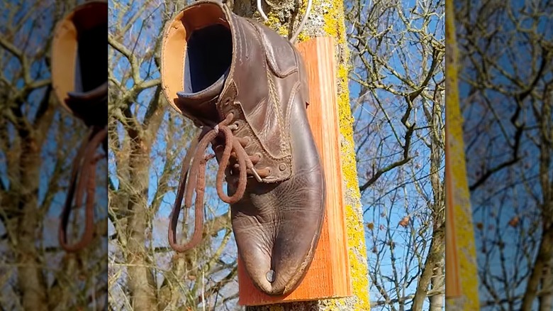 leather shoe nailed to a wood plank