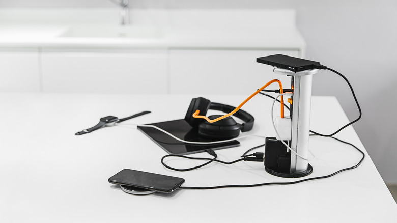 A charging station on a white desk