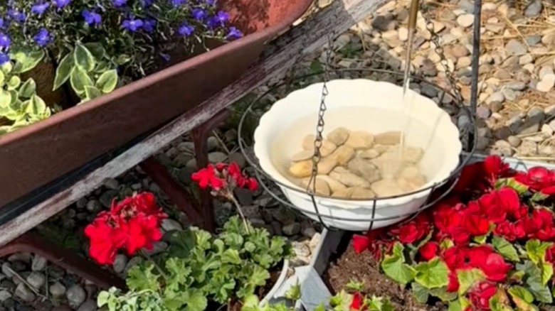 An upcycled ironstone bird bath hanging next to flowers