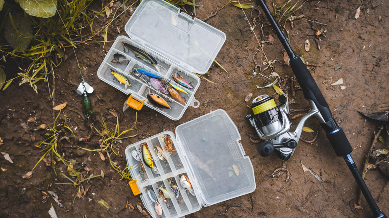 Two clear tackle boxes next to a fishing pole.