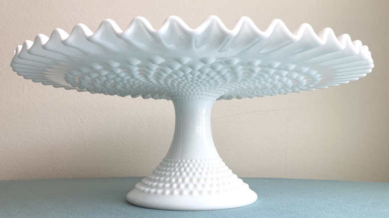 Unique vintage Fenton Art Glass cake stand in bubbled design