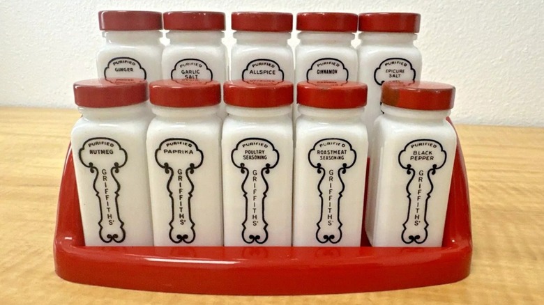 Wood spice rack with 1950s Griffith's Laboratories milk glass spice jars