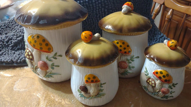 Sears Merry Mushroom jars with lids in traditional dining room