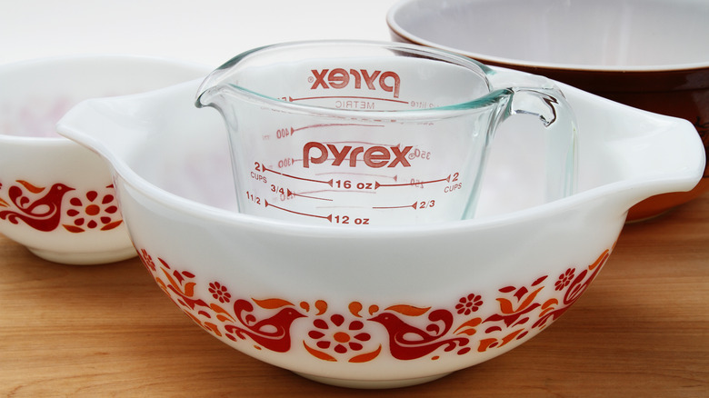 Vintage patterned Pyrex dish and glass just
