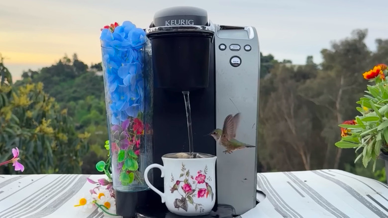 Screenshot of a video showing a coffee machine turned into a hummingbird fountain