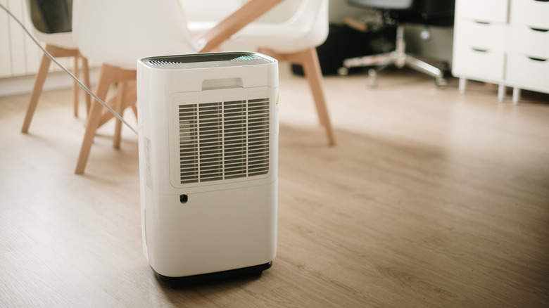 White dehumidifier in the center of a room