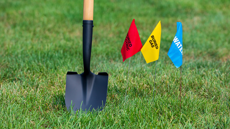 Flags where buried lines are before excavation.