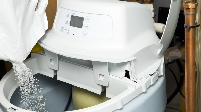 Person adding salt to a water softener unit