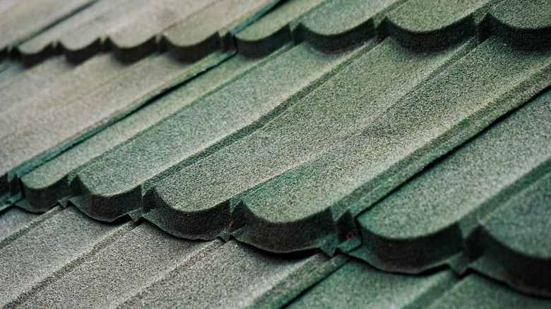 close-up of green composite roofing