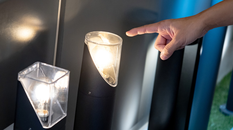 Hand pointing to landscape light on display at store