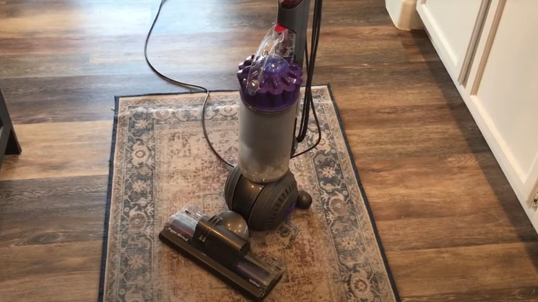Purple Dyson animal vacuum standing on Ruggable patterned rug