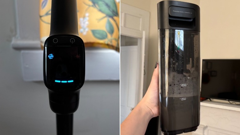 split image showing Dreame Aero Ultra Steam digital display and dirty water tank