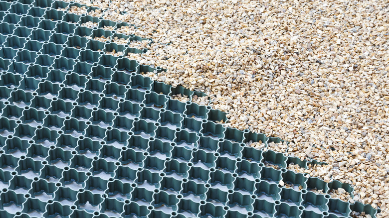 Cellular grids filled with gravel on a driveway