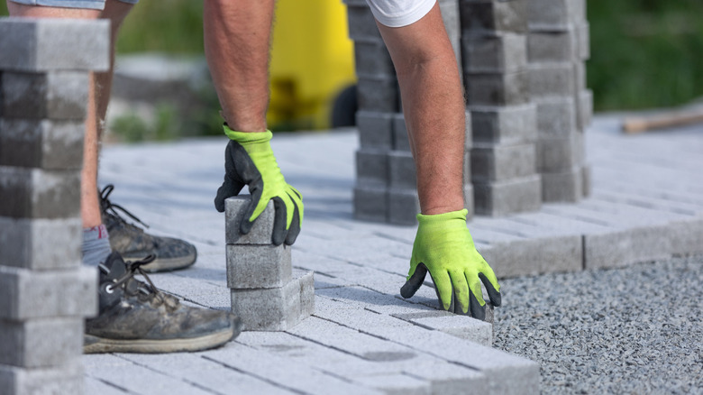 Driveway being laid with pervious concrete slabs