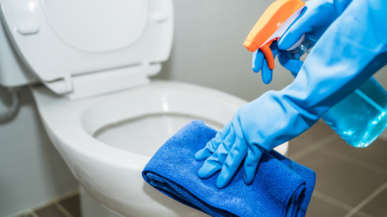 person cleans toilet with cloth