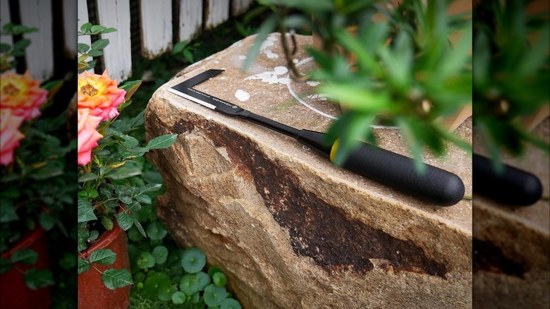 Weeding tool on a stone outside