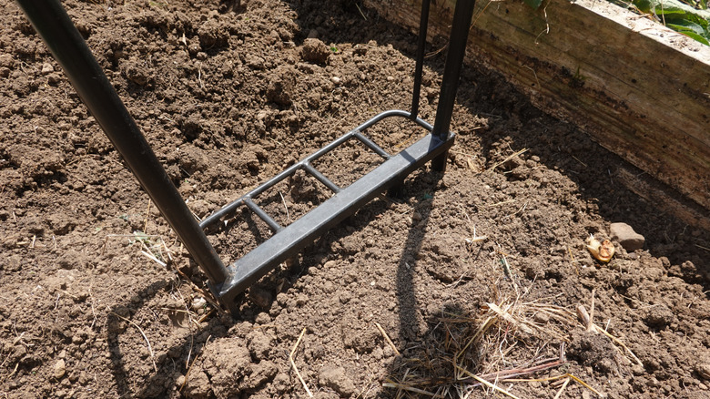 A broadfork dug into the soil