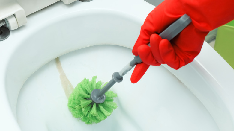 Someone cleaning a toilet bowl with red gloves