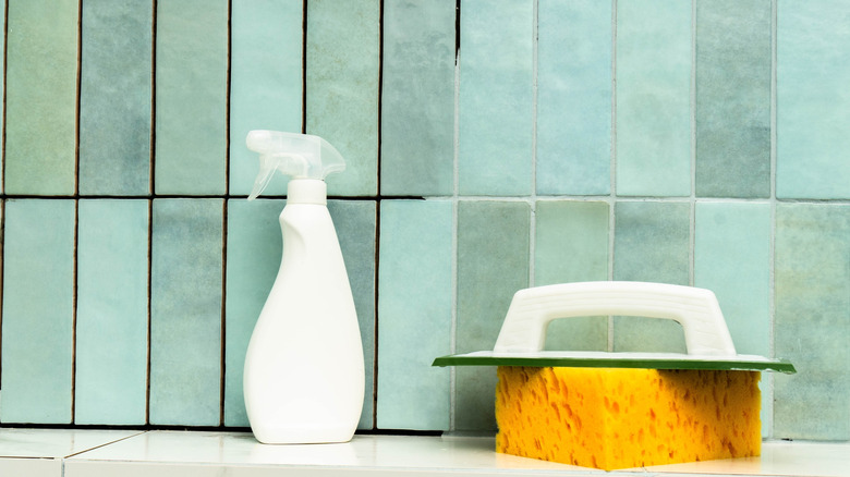 Gloved hand pointing out mold visible on the grout between tiles