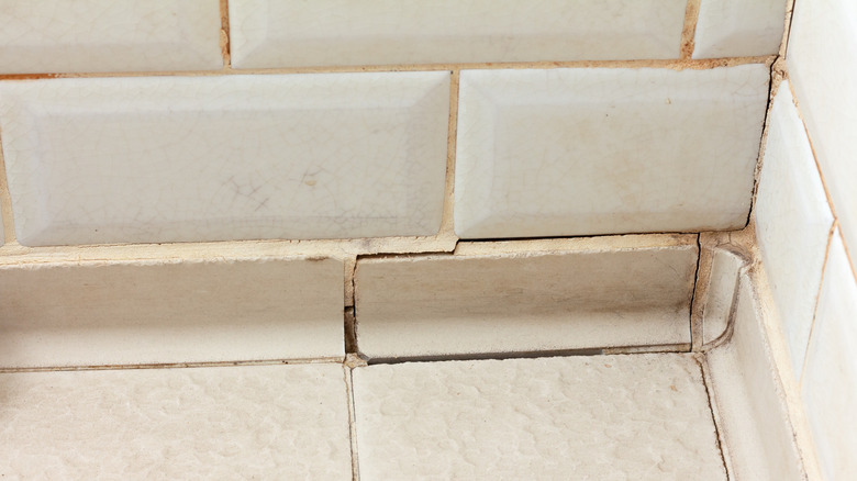 White tiles in the bathroom are surrounded by cracks in their grouting.