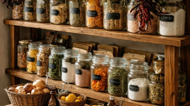 Dried herbs and spices in glass apothecary jars with glass lids on a shelf in a kitchen.