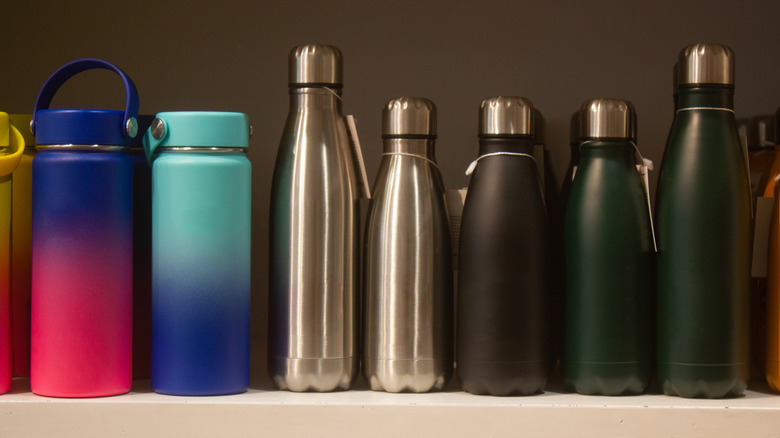 water bottles on a shelf