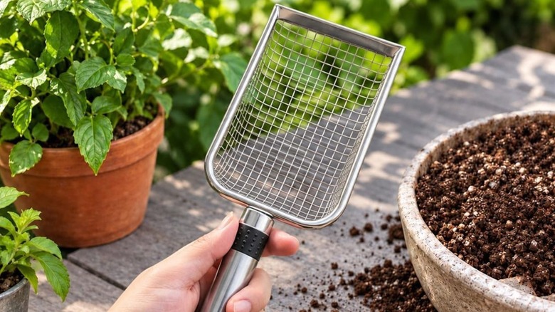 person holding a soil sifting scoop.