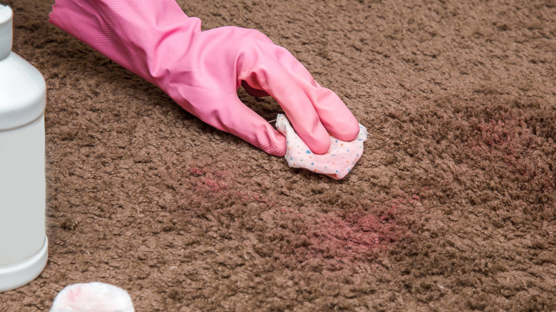 Close-up of gloved hand dabbing at nail polish stain on carpeting