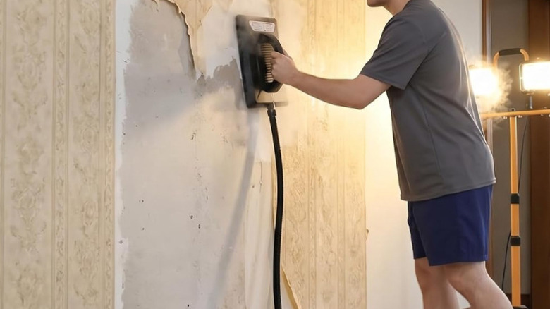 man using wallpaper steamer product on a wall