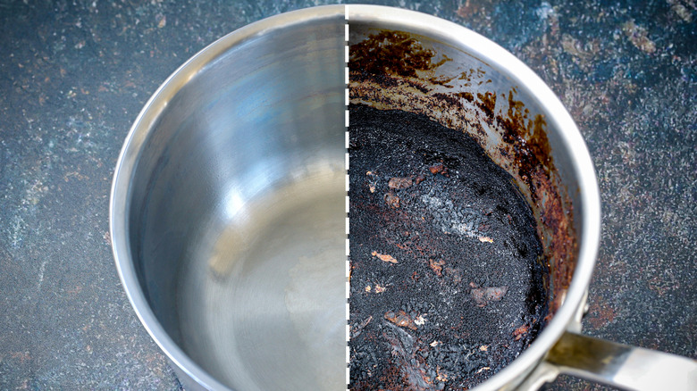 Split image of a pot with heavily burnt residue on one side and sparkling clean on the other