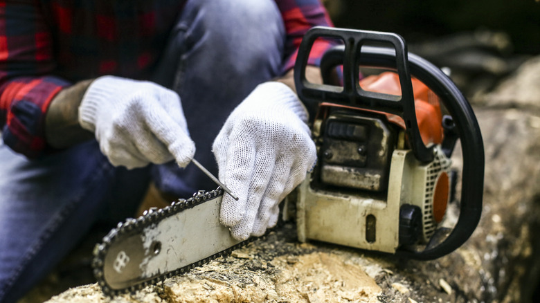 A person sharpening a chainsaw with a file