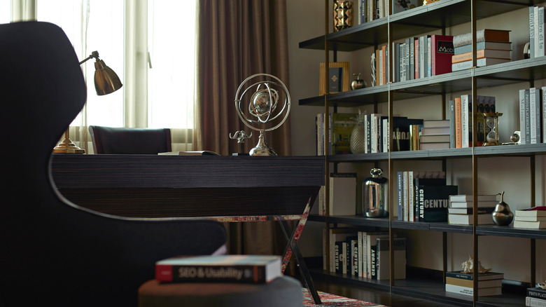 book shelf and wooden table