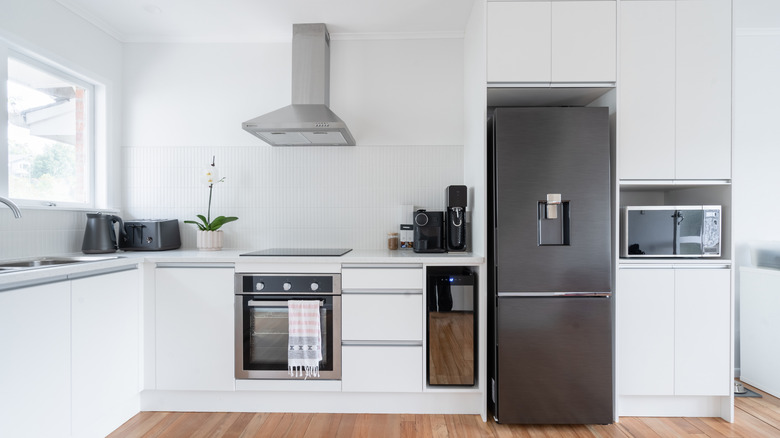 Monochromatic kitchen with cabinetry above the fridge
