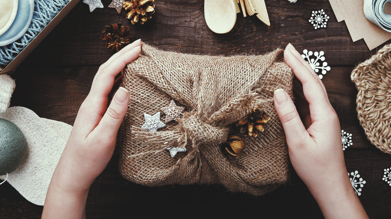 Burlap wrapped Christmas gift