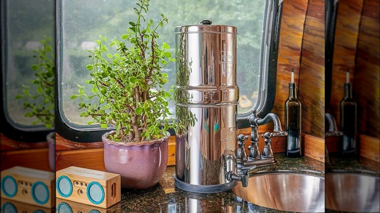 The Berkey filter on countertop with plant