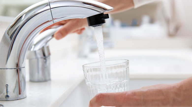A tap water filter in kitchen filling a glass