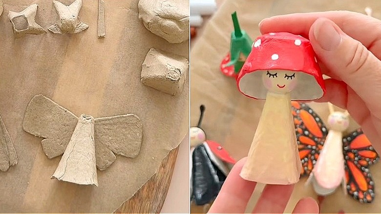 Split image of the egg carton craft parts, and a mushroom character made from a leftover egg carton