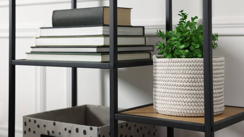 Faux greenery on a bookshelf