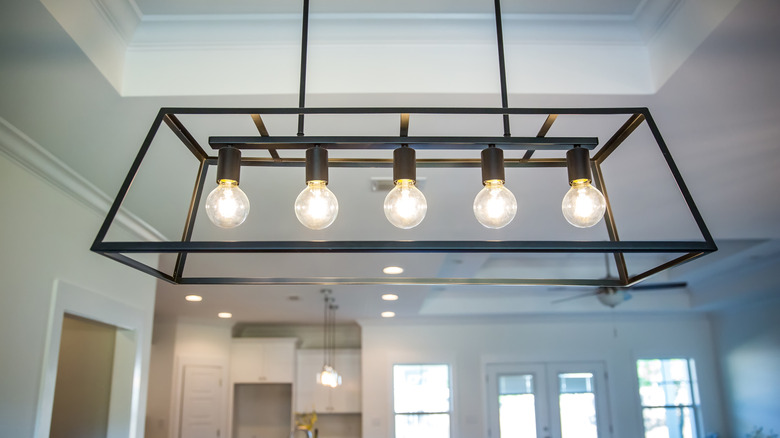 Closeup of an industrial metal hanging light