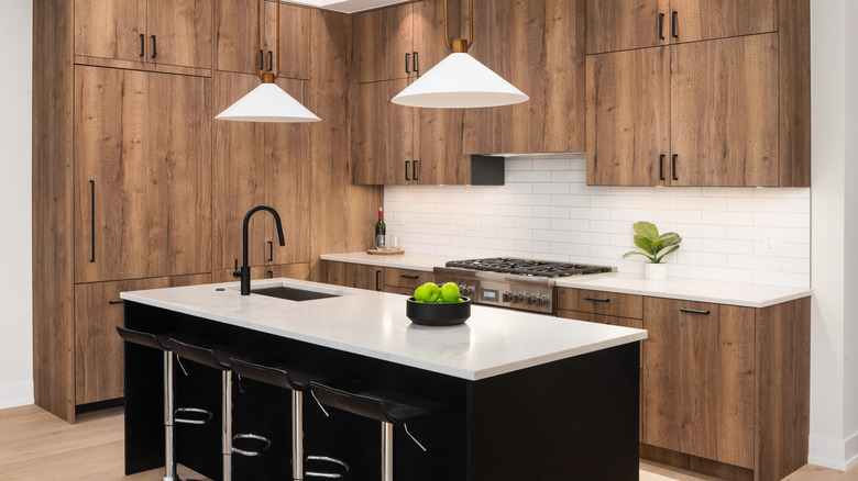 Kitchen with white subway tile